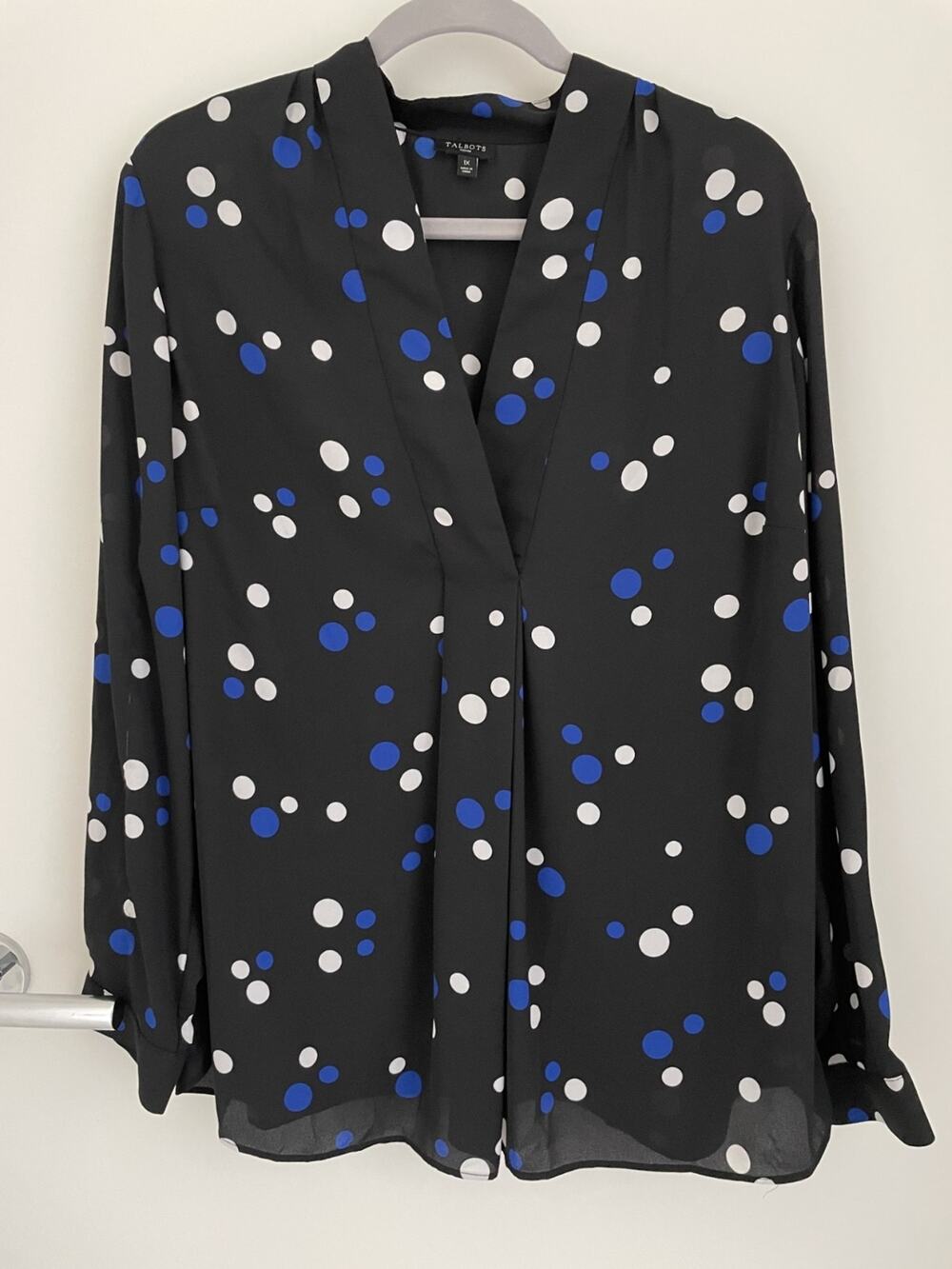 Talbots Plus 1X Polka Dot Blouse Black V Neck Career Work Top